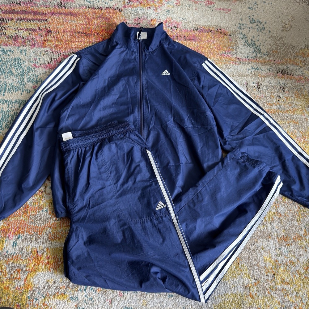 Y2K Adidas Tracksuit Set Mens M/L Navy Blue Nylon Windbreaker Jacket Pants
